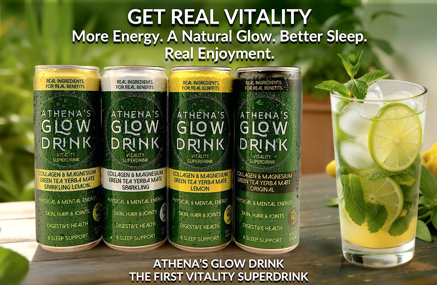 Athena's Glow Drink lineup with nojito and lemon on rustic table