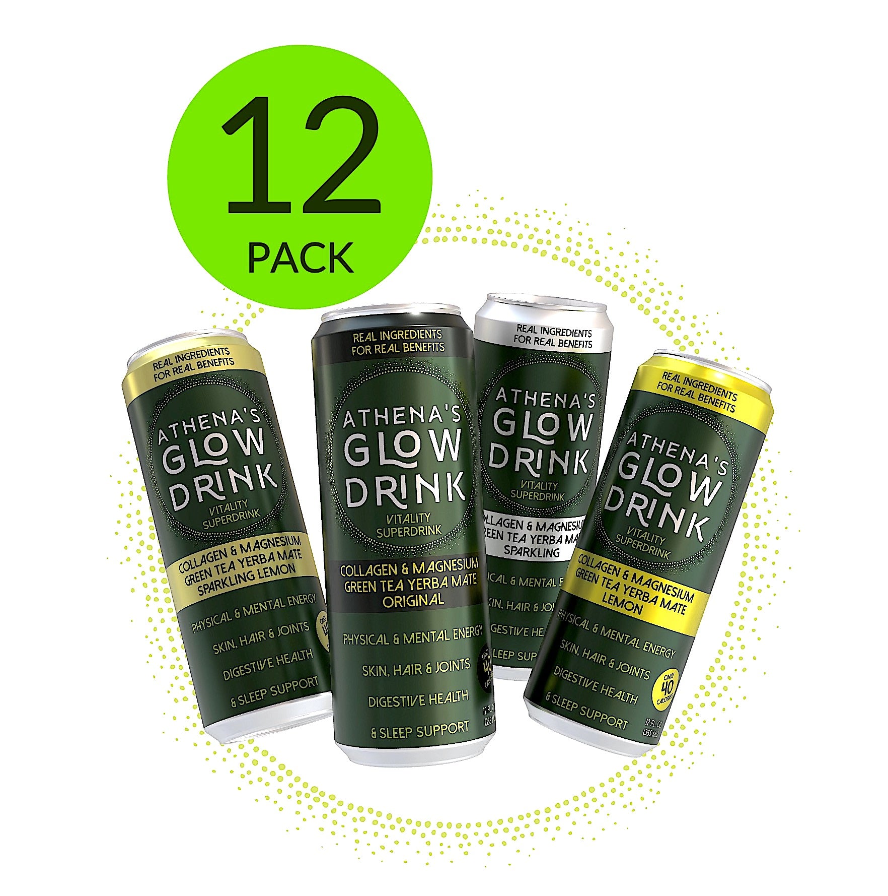 Four cans of Athena's Glow Drink with a green circle indicating a 12-pack on a white background.