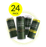 Four cans of Athena's Glow Drink with a yellow circle and '24 Pack' text on a white background.