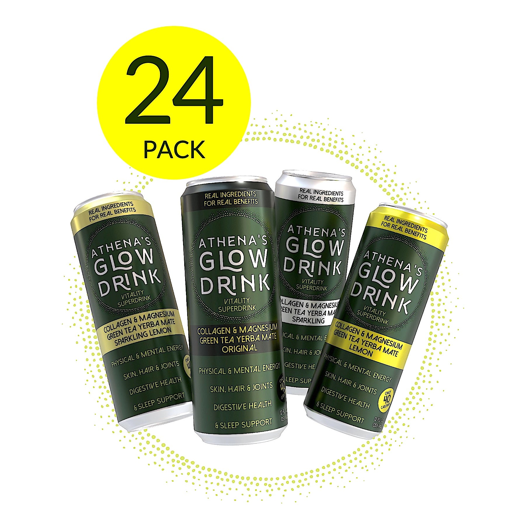 Four cans of Athena's Glow Drink with a yellow circle and '24 Pack' text on a white background.