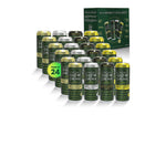 24 cans of Athena's Glow Drink with a box in the background on a white background and a green circle indicating a 24-pack on a white background.