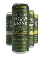 A collection of Athena's Glow Drink cans in various flavors including original and lemon green tea, with a proprietary blend of collagen, magnesium, and vitamins.
