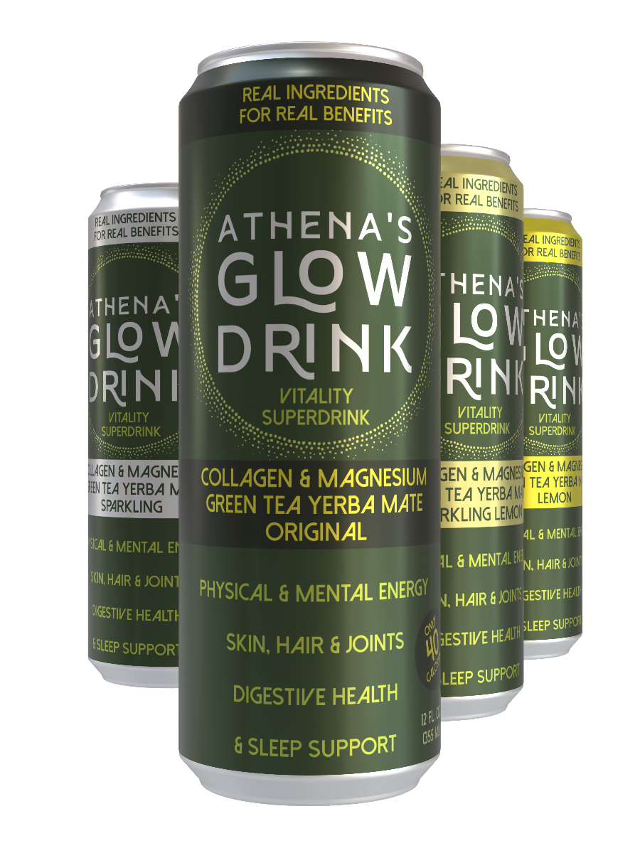 A collection of Athena's Glow Drink cans in various flavors including original and lemon green tea, with a proprietary blend of collagen, magnesium, and vitamins.