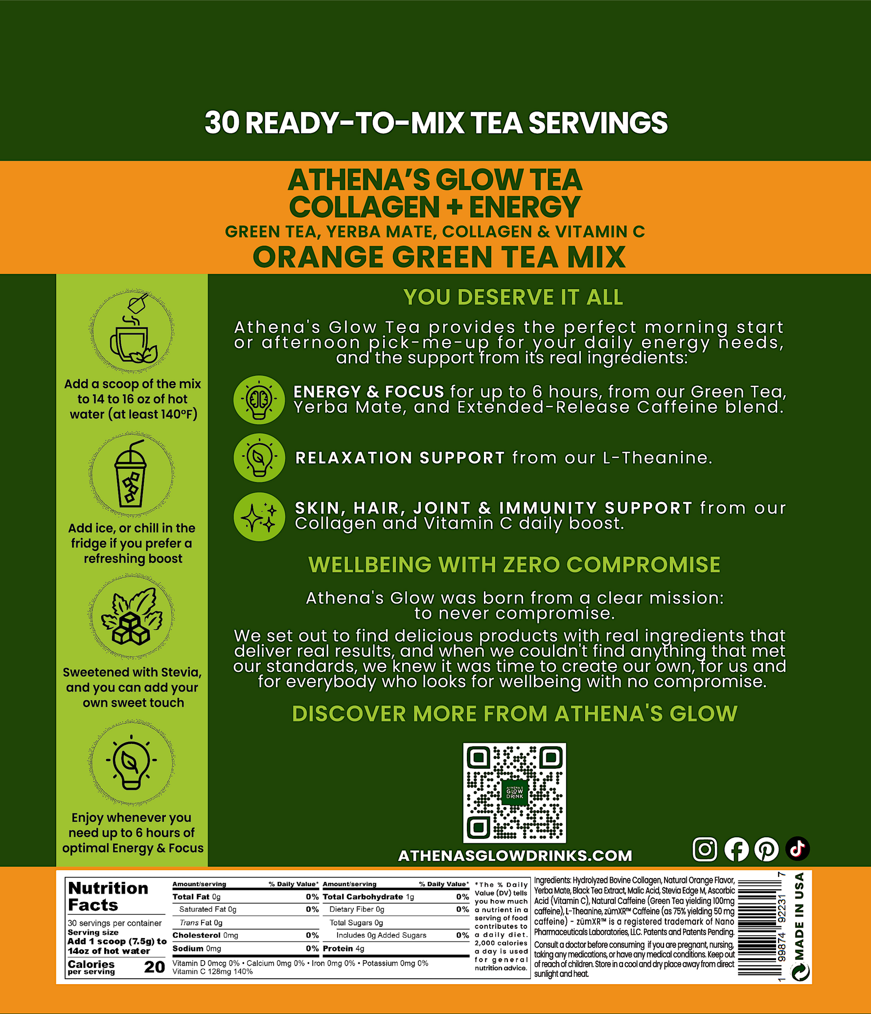 Athena's Glow Tea Orange Green Tea Collagen + Energy packaging with Nutrition Facts and Ingredients