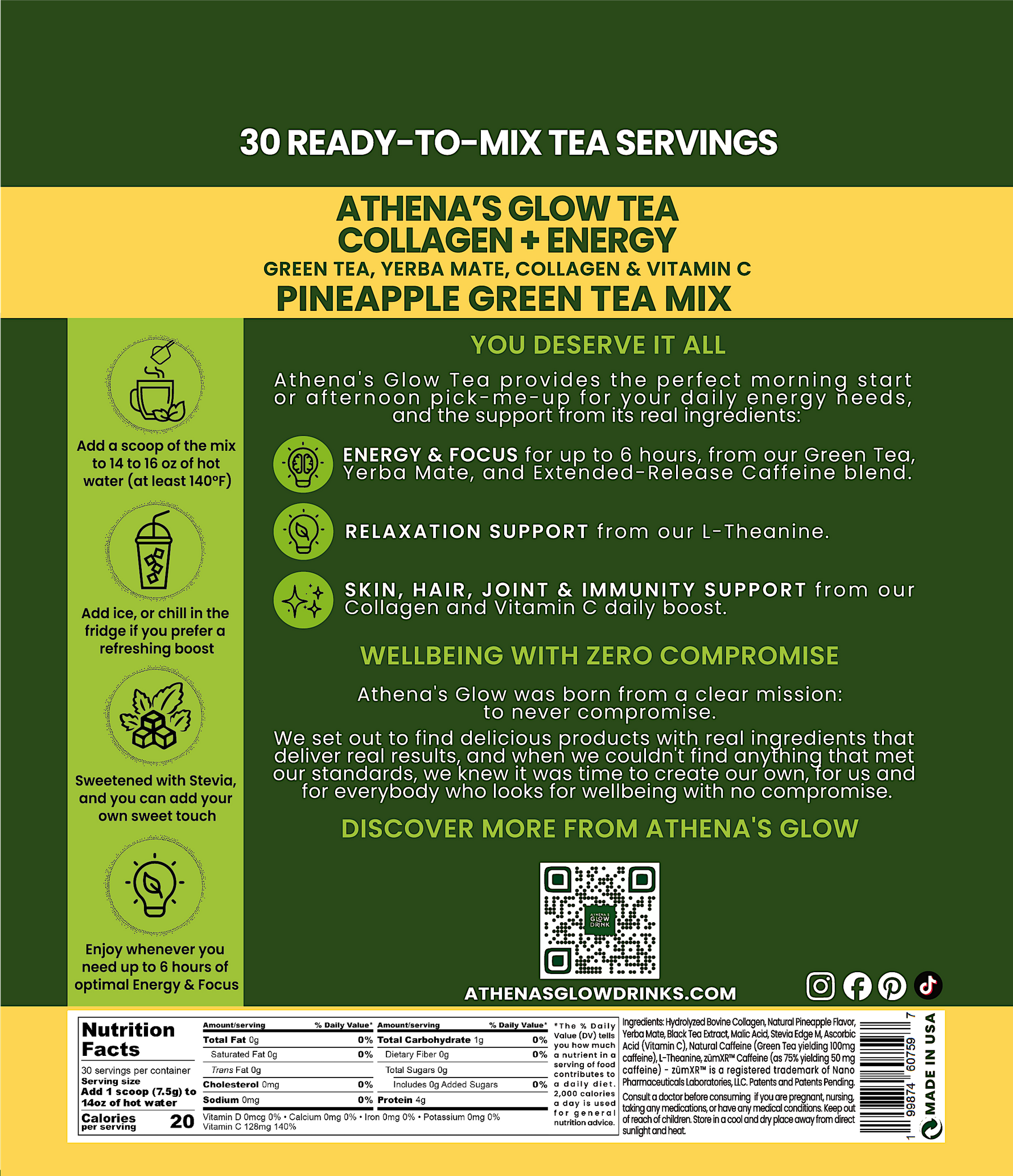 Athena's Glow Tea Collagen + Energy Pineapple Green Tea Mix packaging with Nutrition Facts & Ingredients