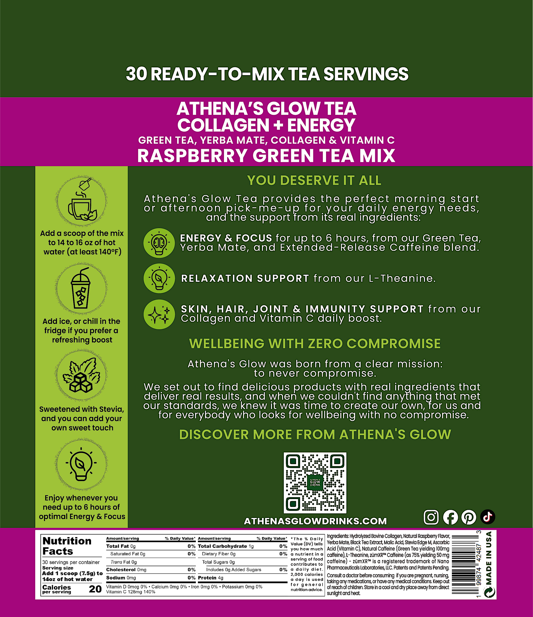 Back label of Athena's Glow Tea Collagen + Energy Raspberry Green Tea Mix packaging with Nutrition Facts and Ingredients list