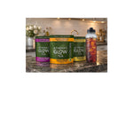  Athenas Glow Tea packages on a kitchen counter with a bottle of iced tea.