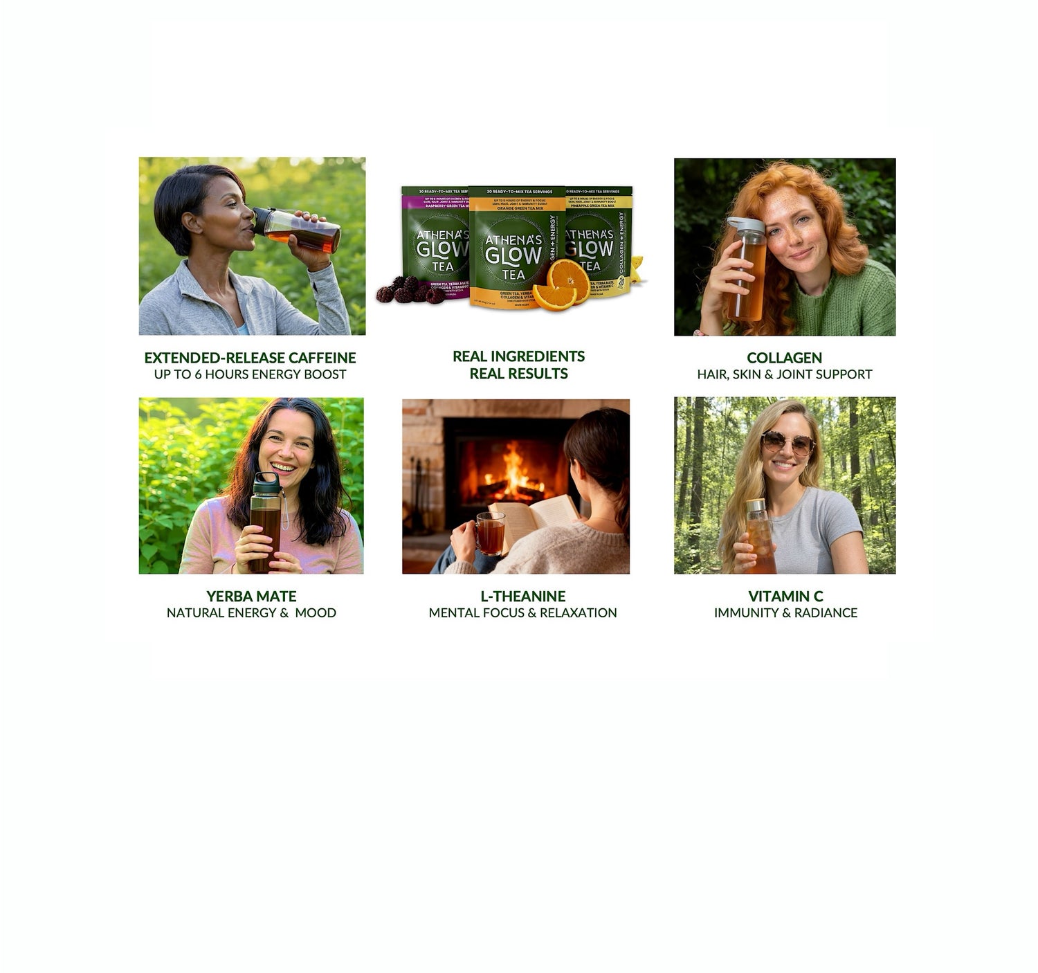 Promotional graphic for a Athena's Glow Tea with images of women drinking the product and text highlighting ingredients and benefits.