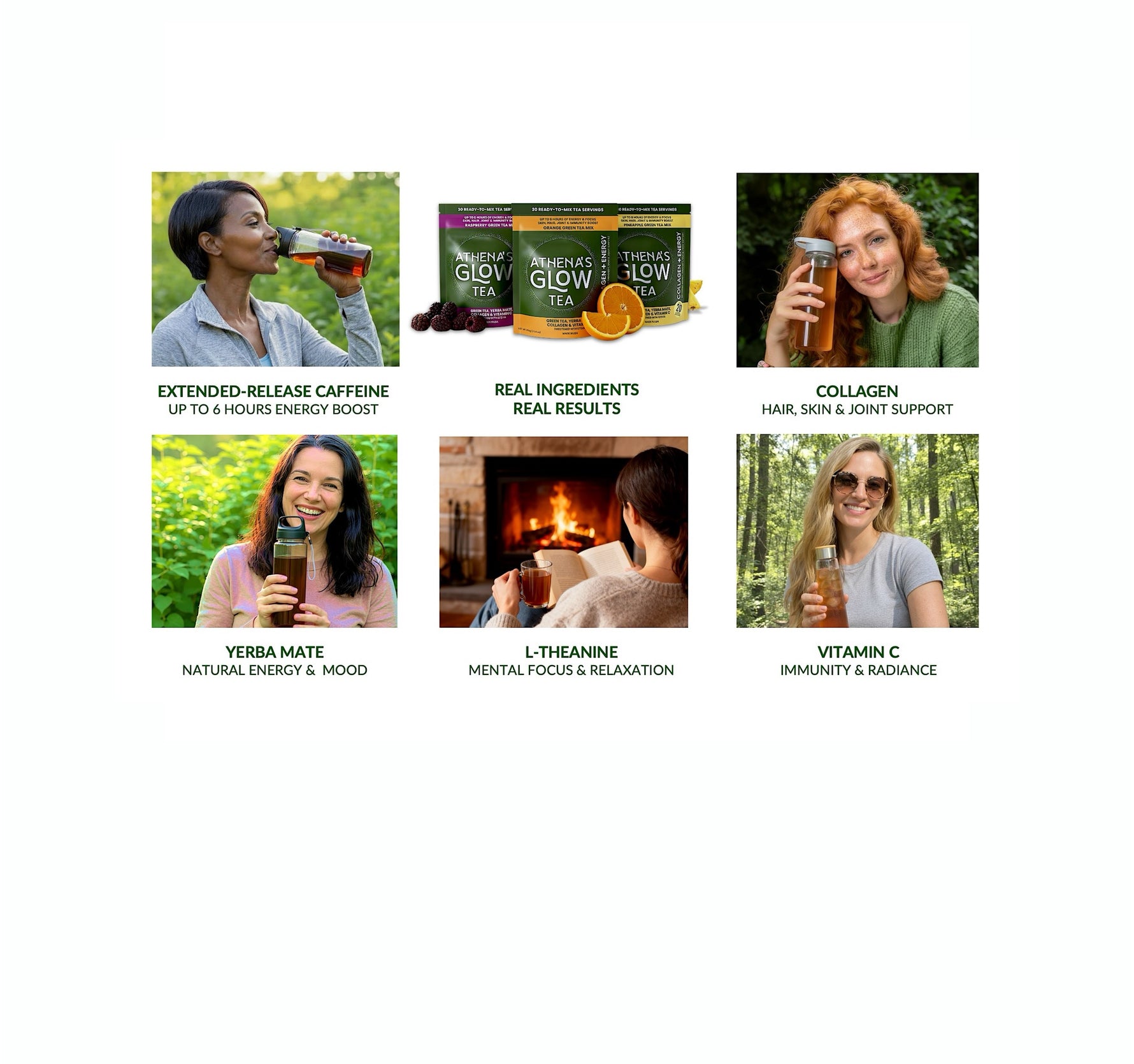 Promotional graphic for a Athena's Glow Tea with images of women drinking the product and text highlighting ingredients and benefits.
