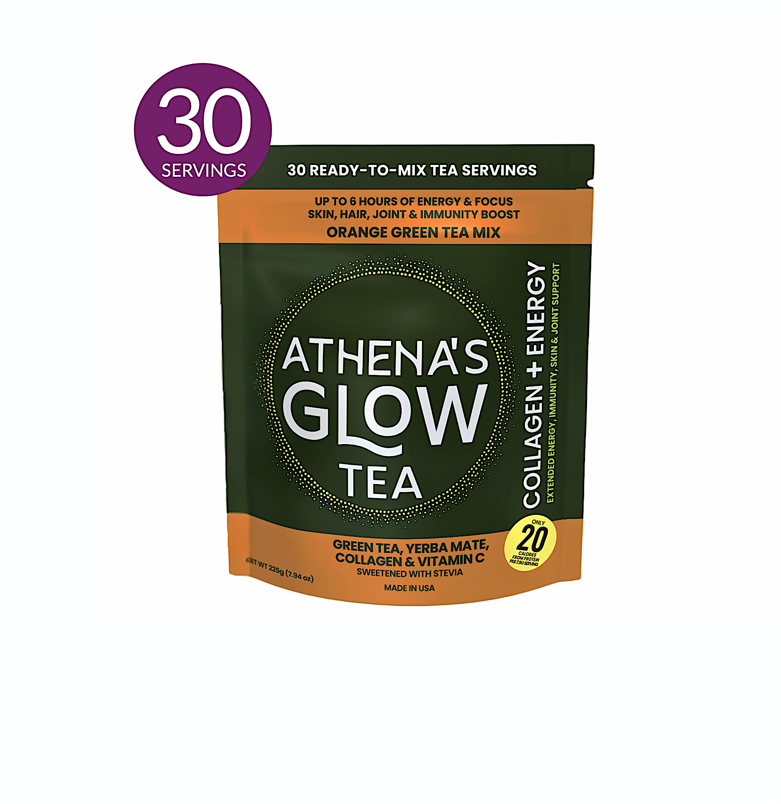 ATHENA'S GLOW TEA ORANGE GREEN TEA WITH COLLAGEN AND EXTENDED ENERGY 30 serving pouch on white background