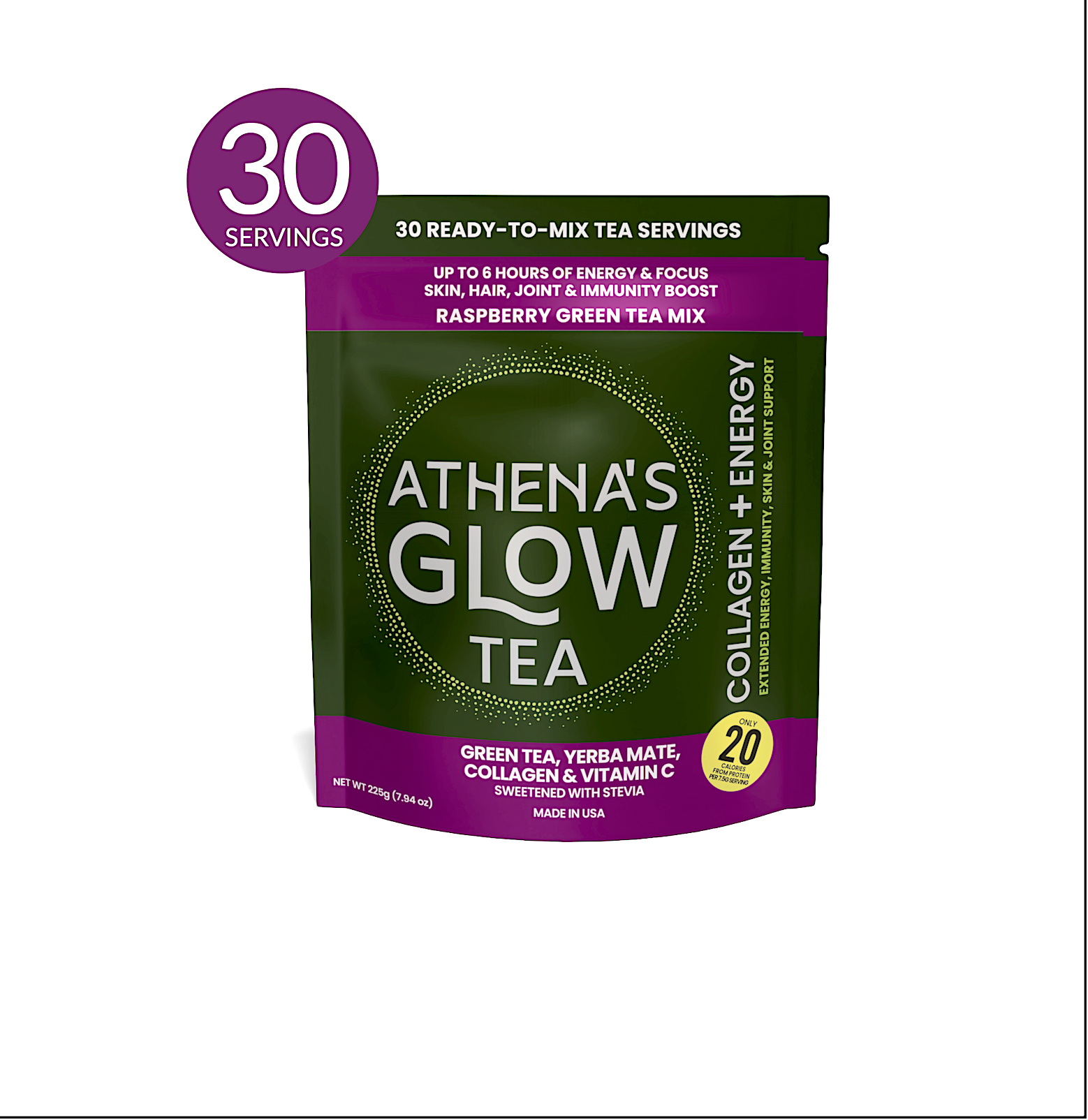 ATHENA'S GLOW TEA RASPBERRY GREEN TEA WITH COLLAGEN AND EXTENDED ENERGY 30 serving pouch on white background