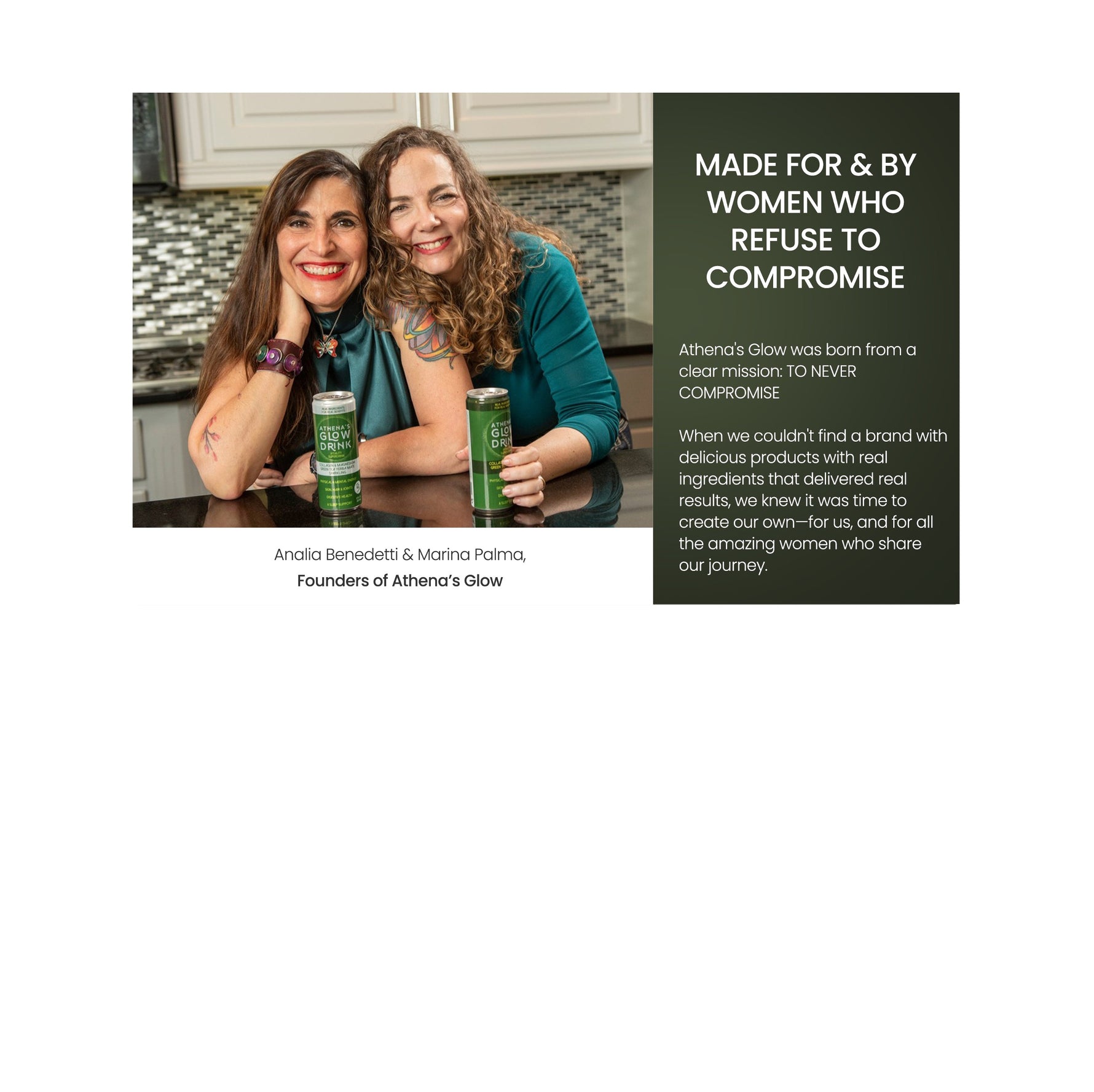 Athena's Glow founders with cans in a kitchen setting, featuring brand story made for & by women who refuse to compromise
