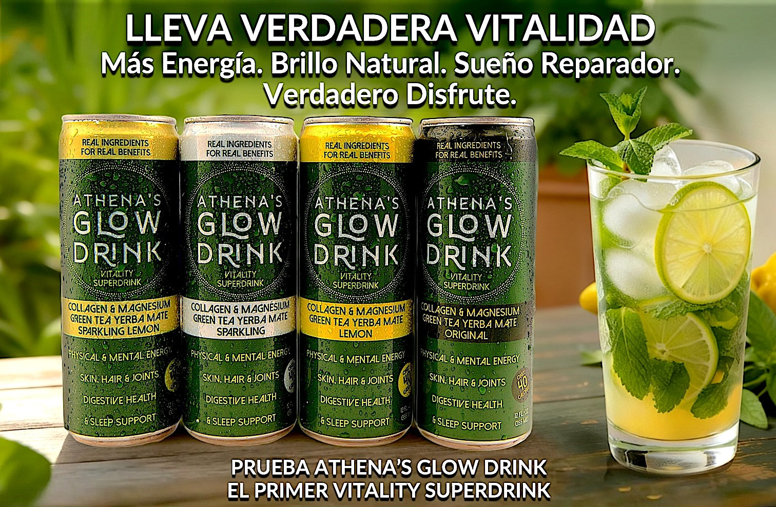 Spanish Title. Athena's Glow Drink cans with a glass of a green mocktail with lime and mint leaves on a wooden surface.