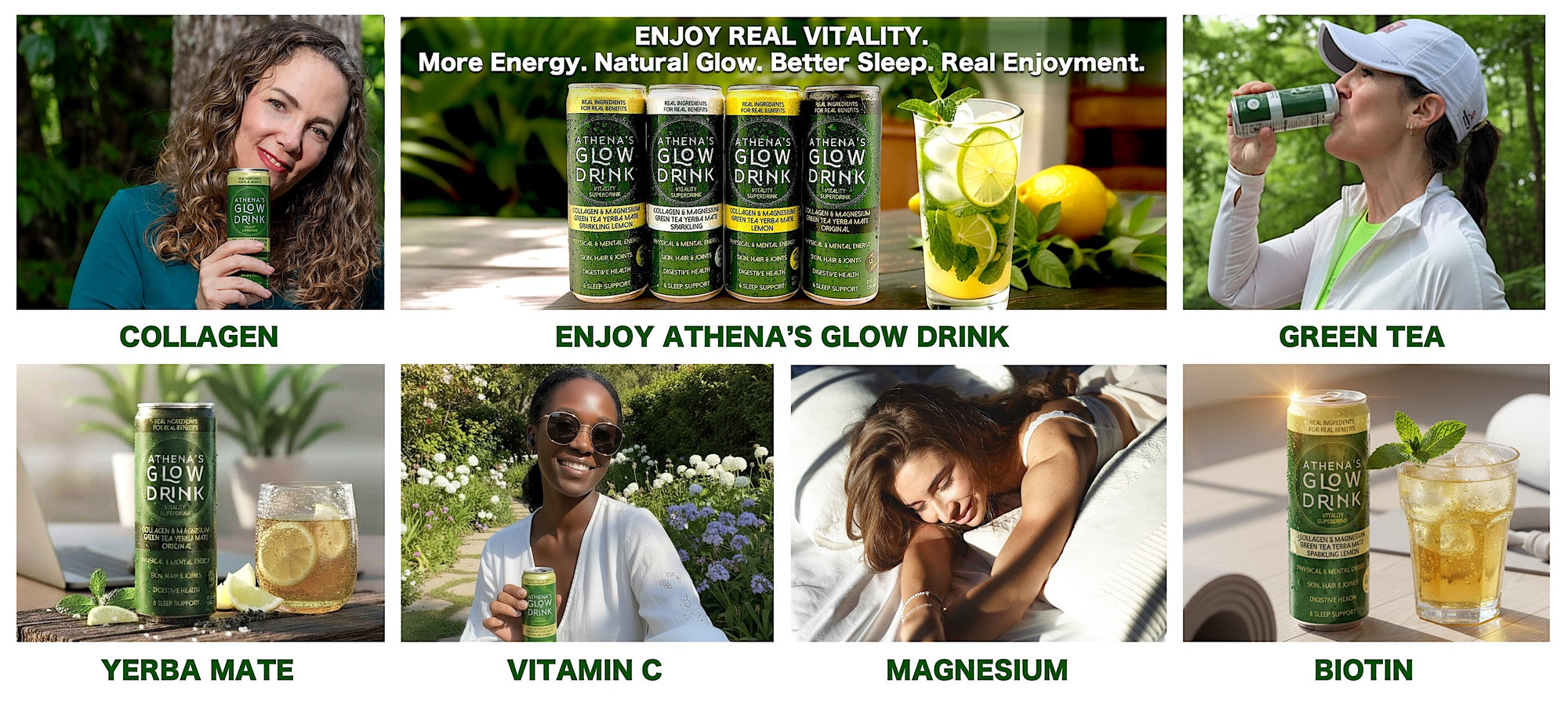 Promotional collage of people enjoying Athena's Glow Drink with various health benefits highlighted.