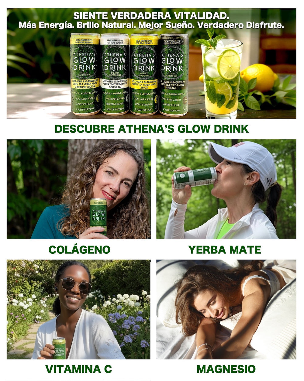 Athena's Glow Drink with key nutrients, benefits and images of women enjoying the drink outdoors and close-up shots of the product. Spanish text.