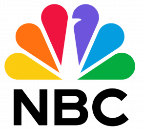 NBC peacock logo with colorful beams on a black background