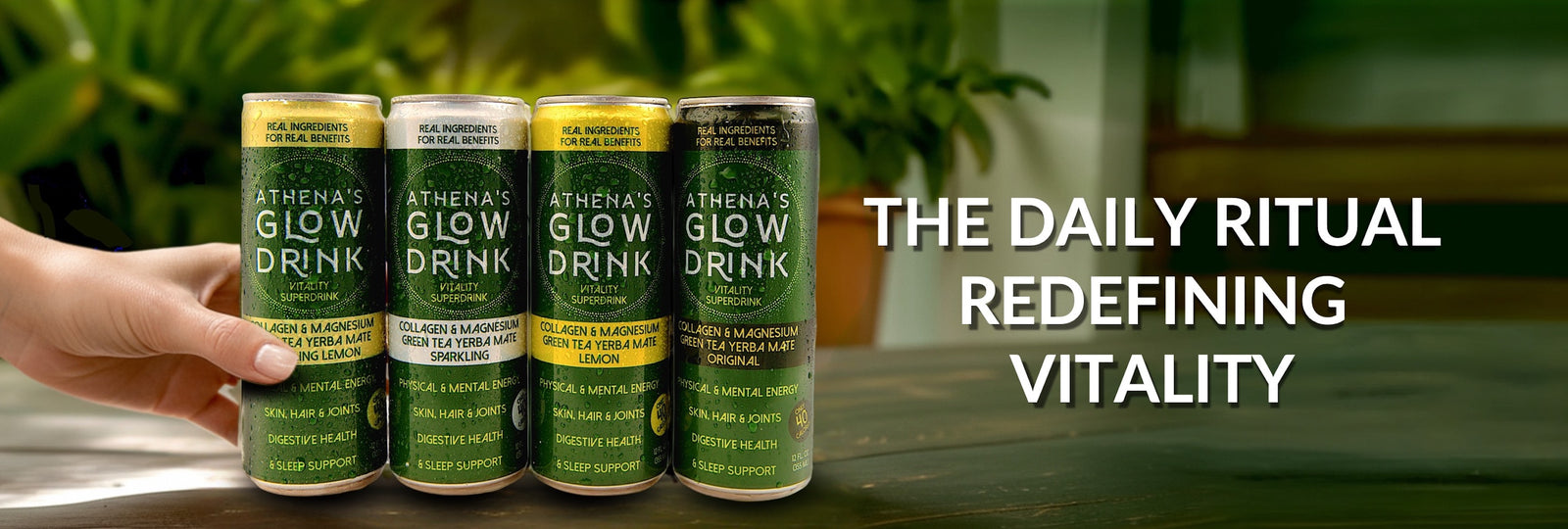 Athena's Glow Drink cans on a table with a blurred background - the green tea with collagen, magnesium, vitamin C & Yerba Mate redefining vitality