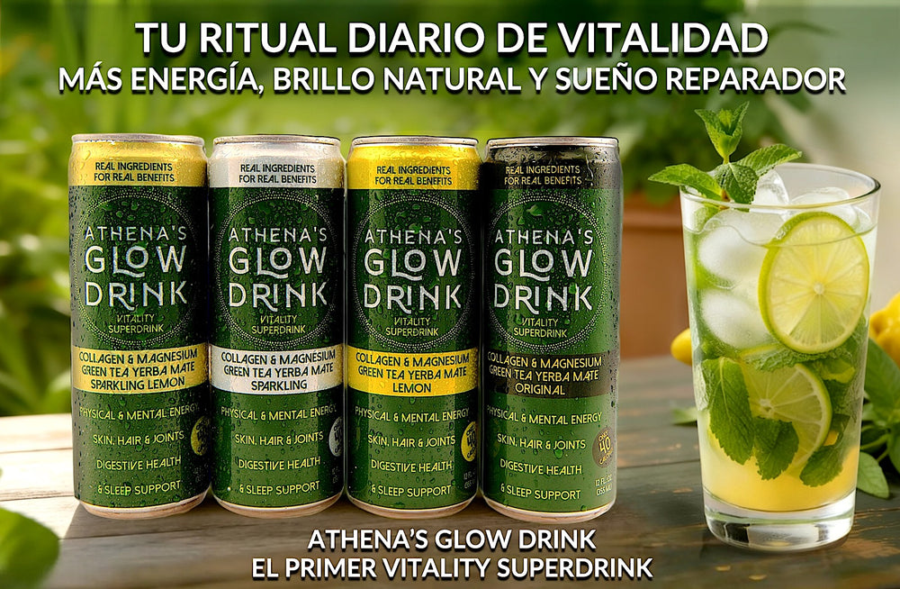 Athena's Glow Drink cans on a table with a glass of a mocktail and spanish title