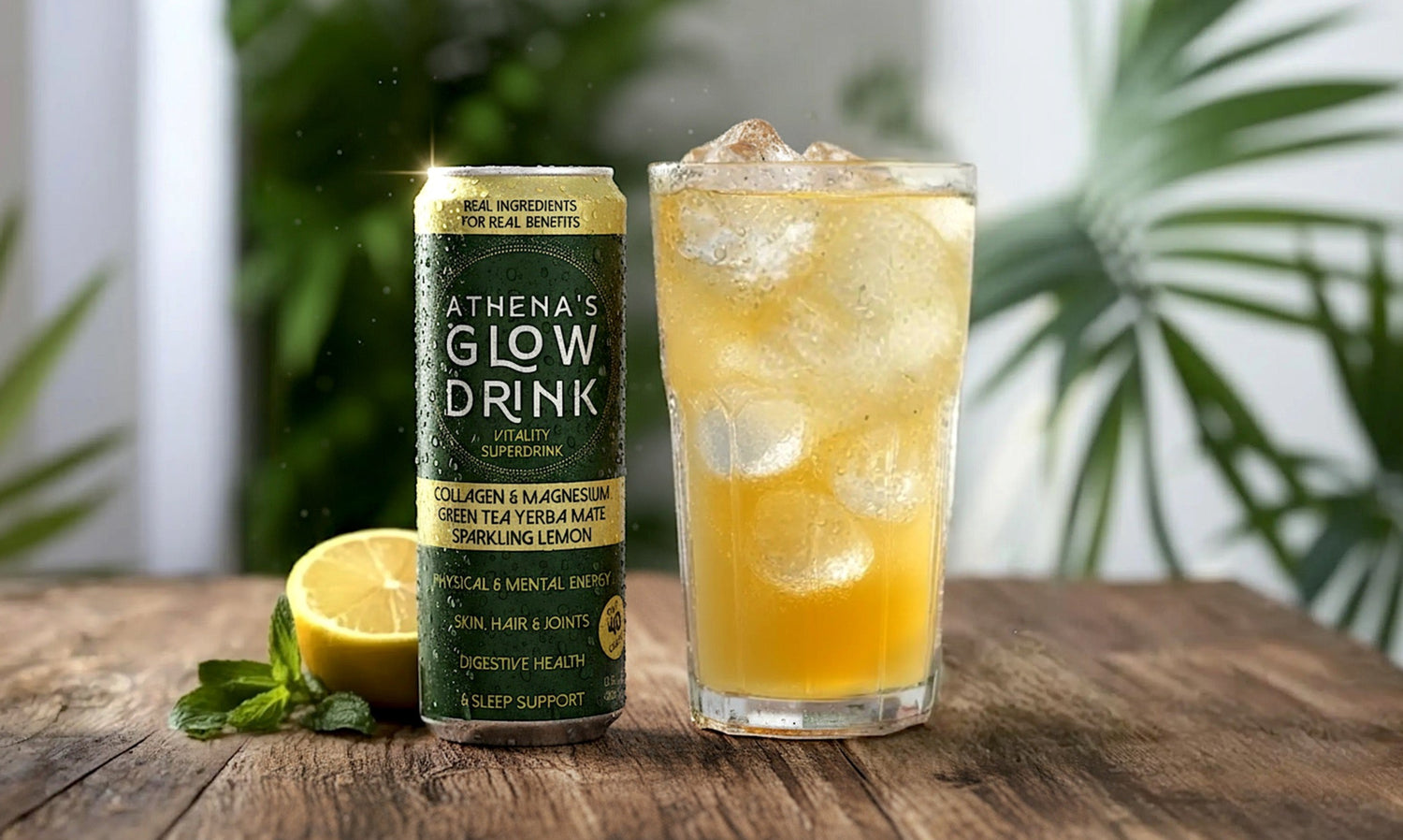 Athena's Glow Drink can and a glass of the drink with lemon slices on a wooden surface with a green leafy background.