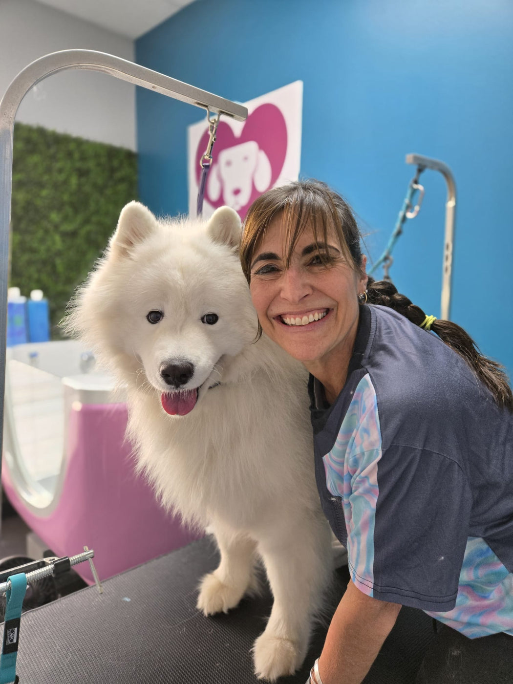Founder and white dog at the groomers