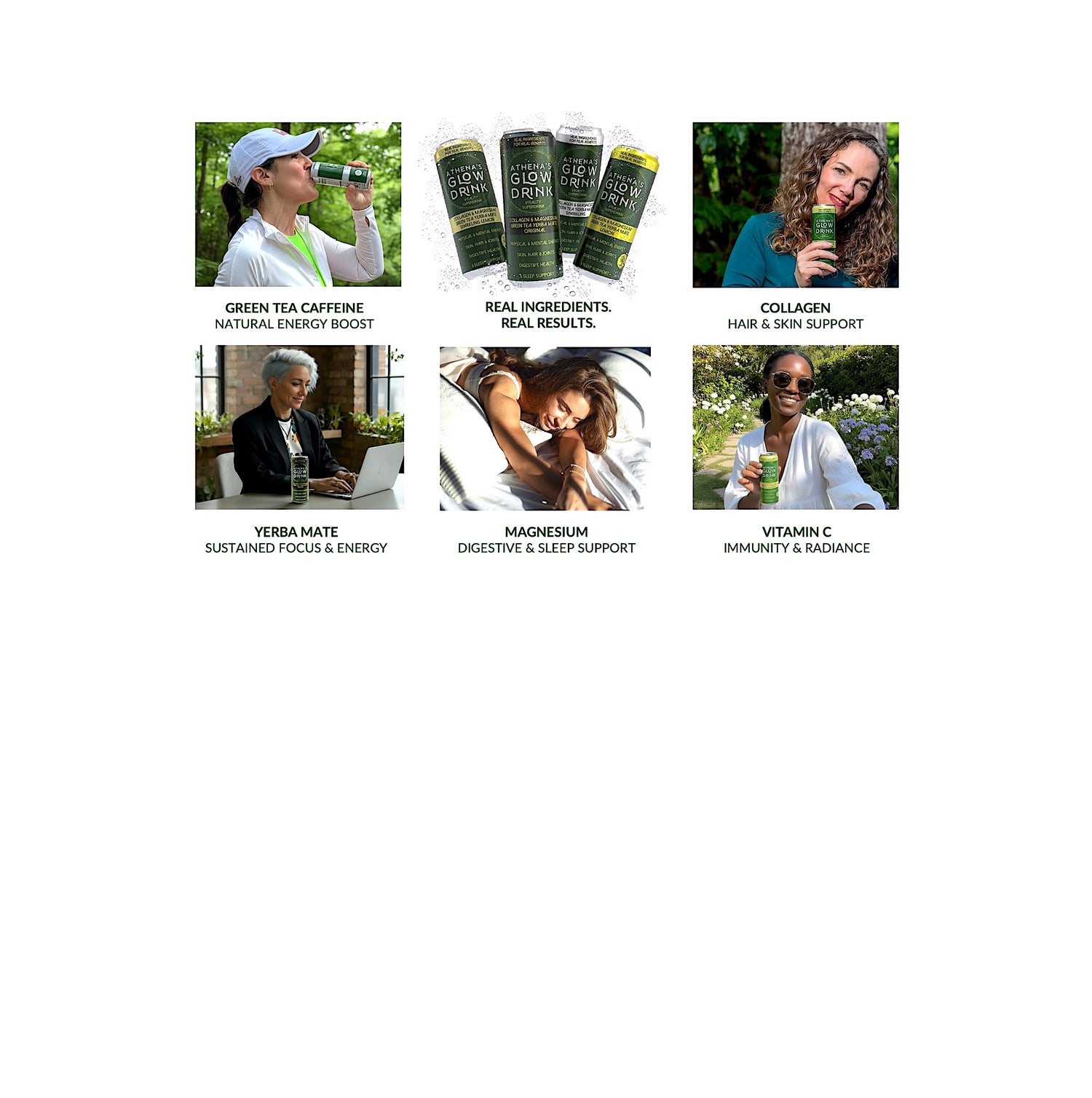 Promotional image of Athena's Glow Drink with text about its ingredients and benefits 