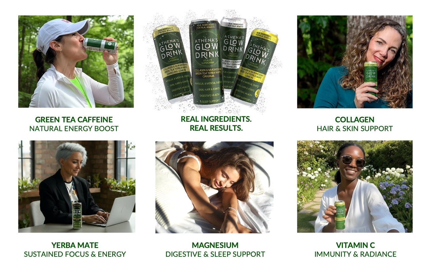 Promotional image of Athena's Glow Drink with text highlighting benefits like natural energy boost, real ingredients, and health benefits.