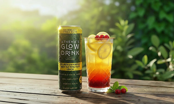 Athena's Glow Drink Lemon with Sunrise glow mocktail on a table with greenery behind