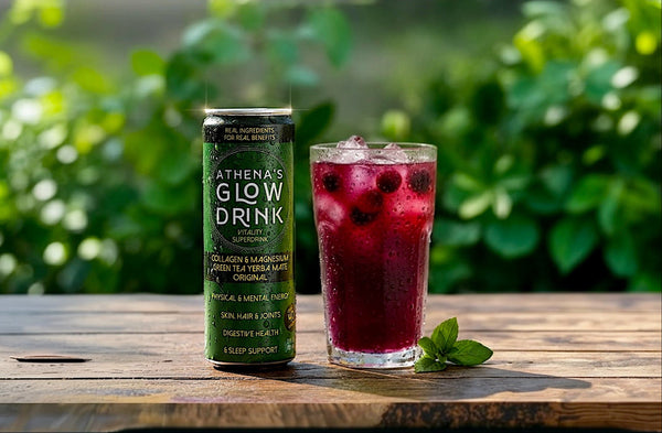 Green can labeled 'Athena's Glow Drink' next to a glass of a cranberry mocktail with berries on a wooden table outdoors.