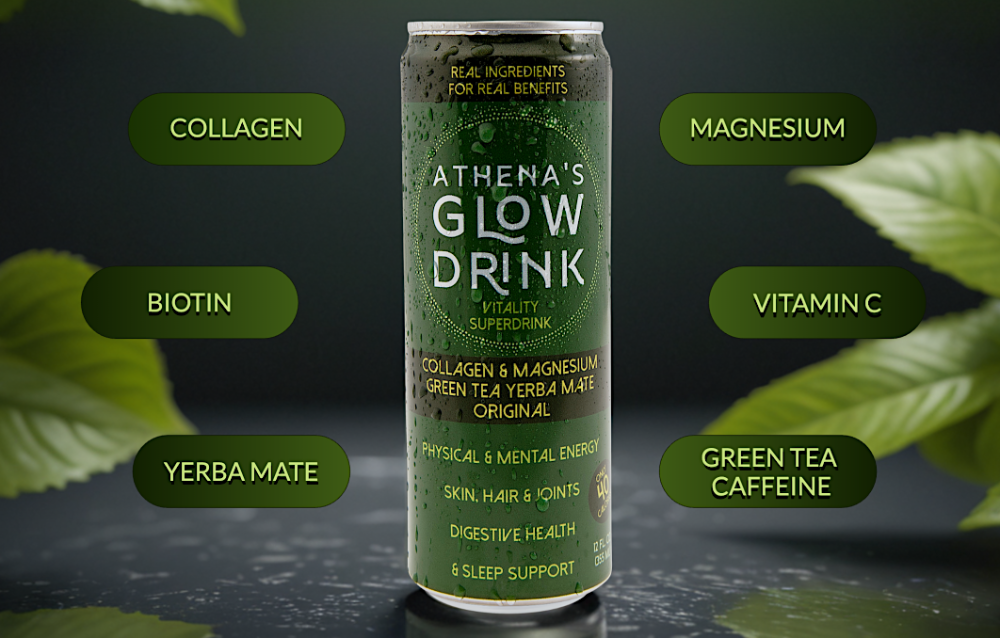 Athena's Glow Drink Original can with nutrients  listed on a dark background with green leaves.