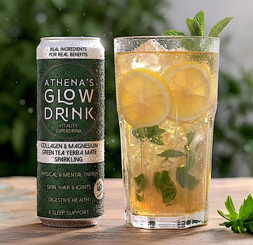 Athena's Glow Drink can next to a glass of lemon slices and mint leaves on a wooden surface with a blurred green background.
