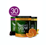 Athenas Glow Tea Orange, Raspberry and Pineapple Green Tea mix with oranges and blackberries on a white background and 30 serving disk