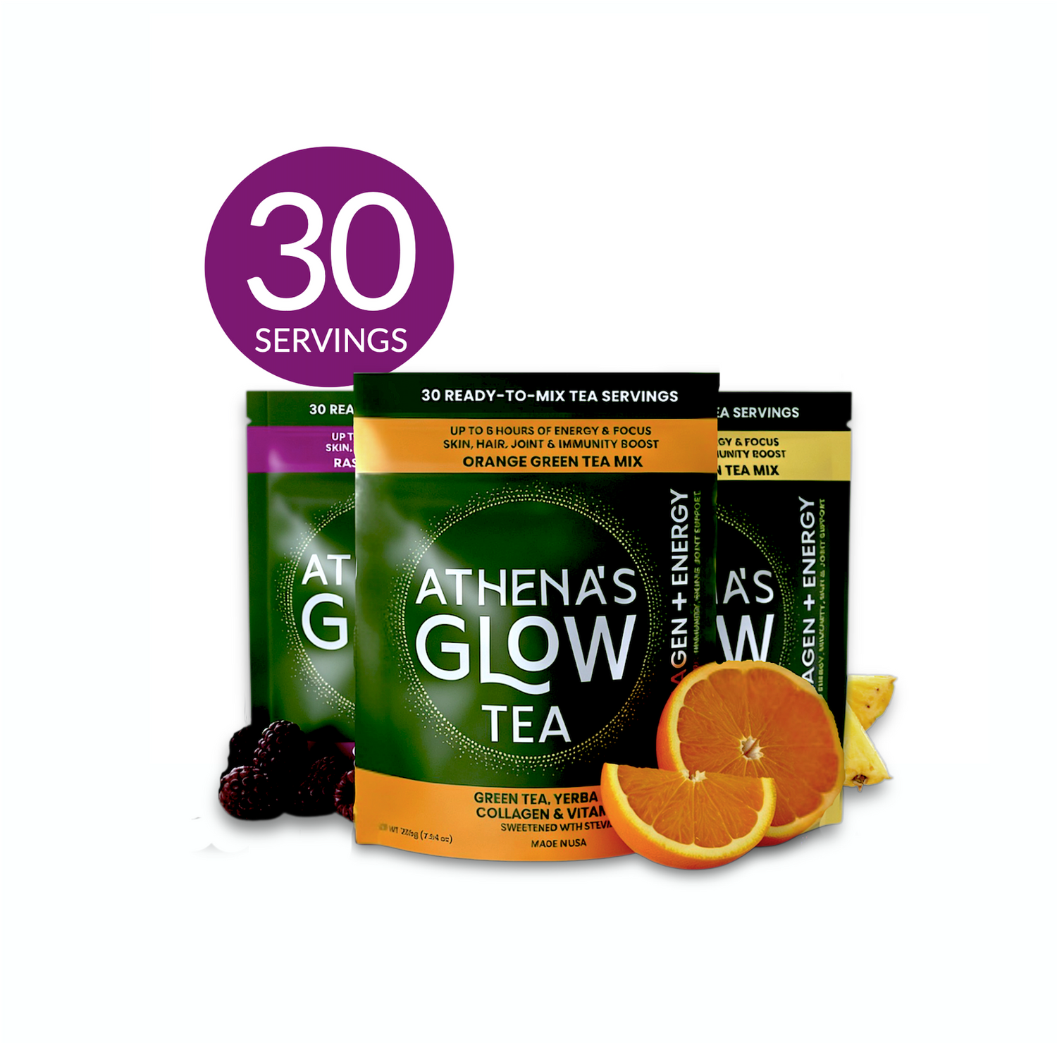 Athenas Glow Tea Orange, Raspberry and Pineapple Green Tea mix with oranges and blackberries on a white background and 30 serving disk