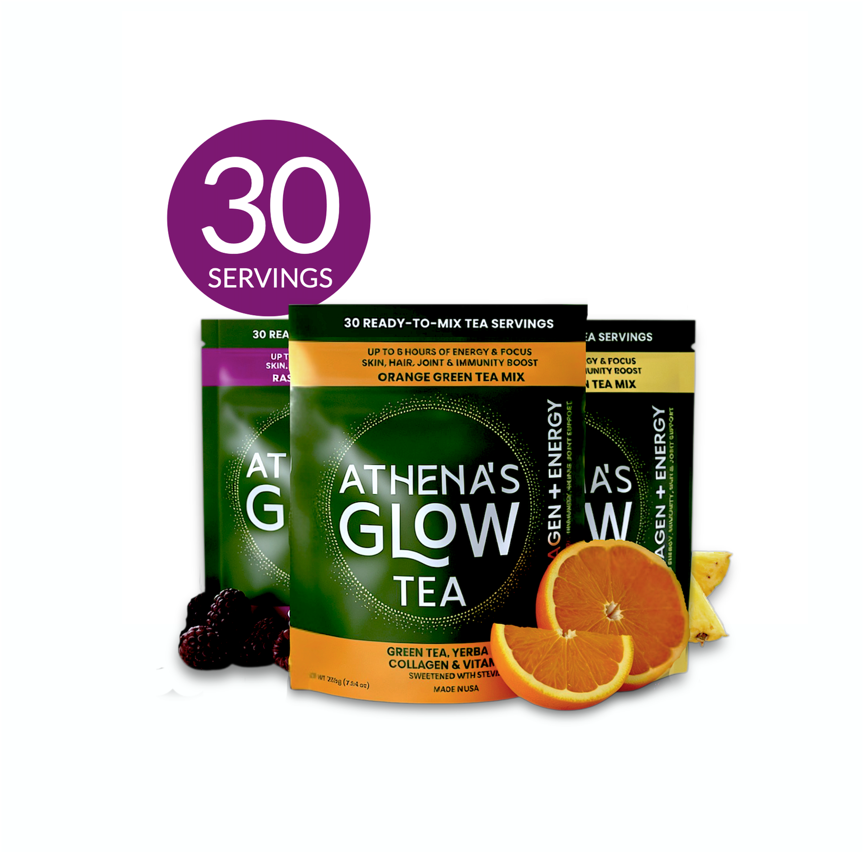 Athenas Glow Tea Orange, Raspberry and Pineapple Green Tea mix with oranges and blackberries on a white background and 30 serving disk